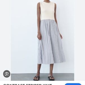 Zara Contrast Striped Knit Dress - Ecru / Blue